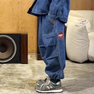 纯棉丹宁膝盖褶皱刺绣宽松牛仔长裤 日本代购 COLORS GROOVY 童装