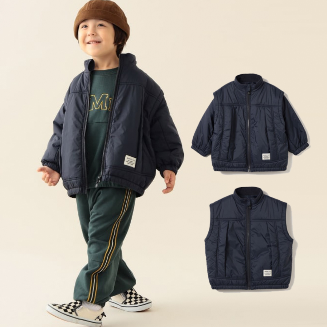 Kiddielove 日本代购 童装 BEAMS 保暖中夹棉袖可拆袖背心冬棉服