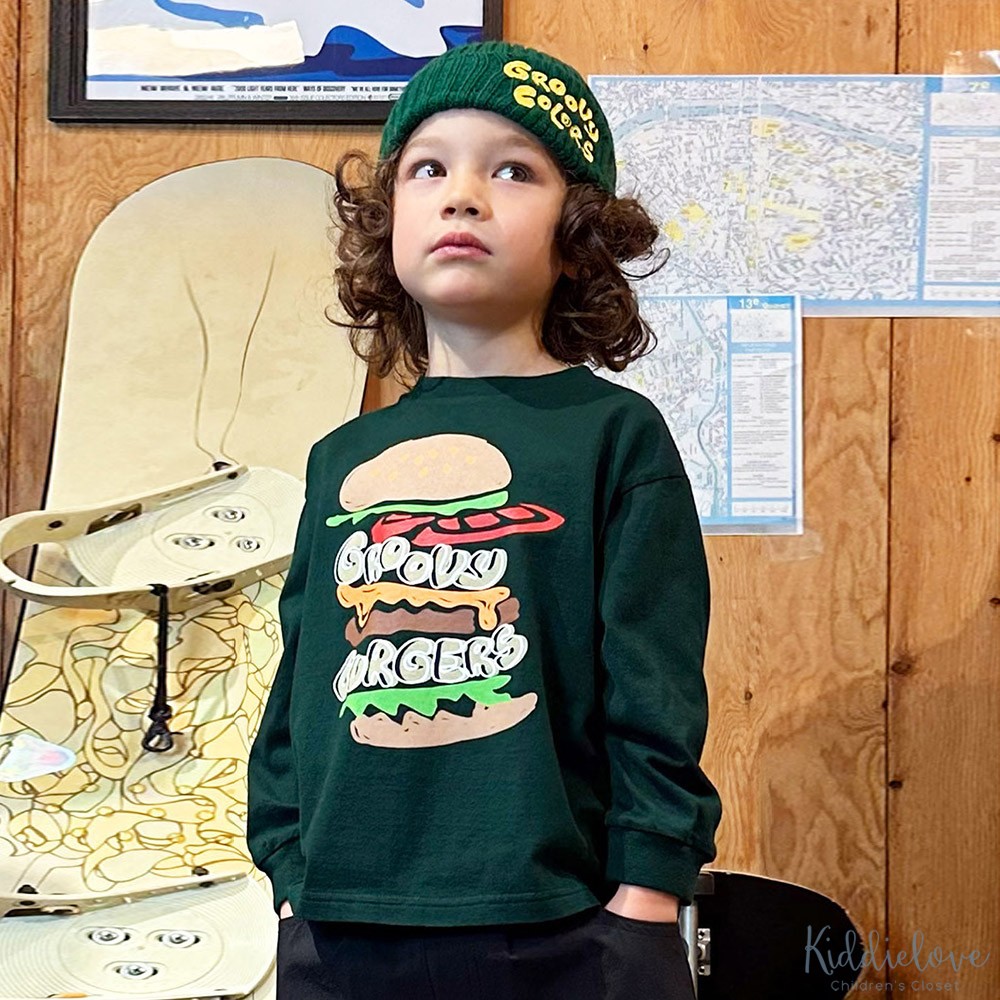 日本代购 童装 GROOVY COLORS 纯棉宽松汉堡logo前后图案长袖T恤