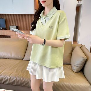 假两件polo衫短袖t恤女夏季新款宽松小个子初高中学生衬衫领上衣