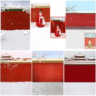 新春新年全家福古装儿童拍照背景布古装女童格格摄影背景宫墙雪景