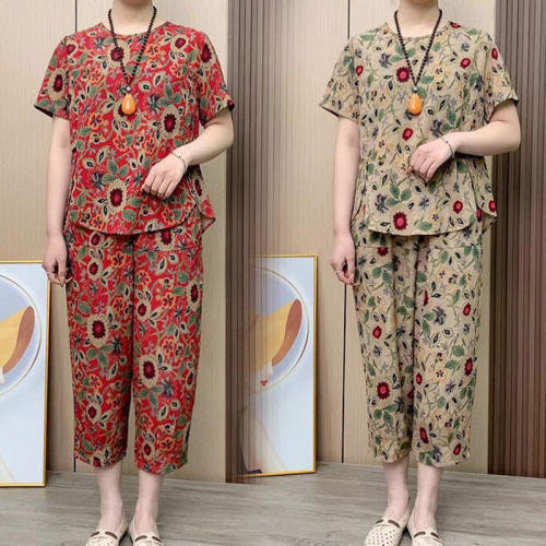 夏季新款短袖印花套装女时尚宽松显瘦大码薄款两件套中老年妈妈装