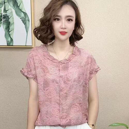 夏季妈装粉色花短袖t恤女