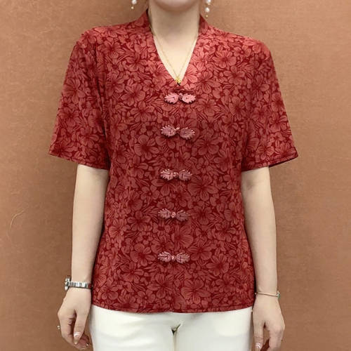夏季新款时尚V领短袖印花盘扣T恤小衫女减龄显瘦上衣中老年妈妈装