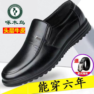啄木鸟男鞋2023新款商务休闲皮鞋男士真皮软底中年爸爸鞋加绒棉鞋
