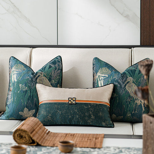 高端新中式提花抱枕靠垫套客厅沙发抱枕套样板间软装靠枕绿色腰枕