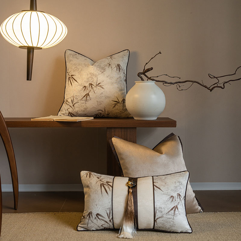 古风竹叶提花禅意靠垫抱枕