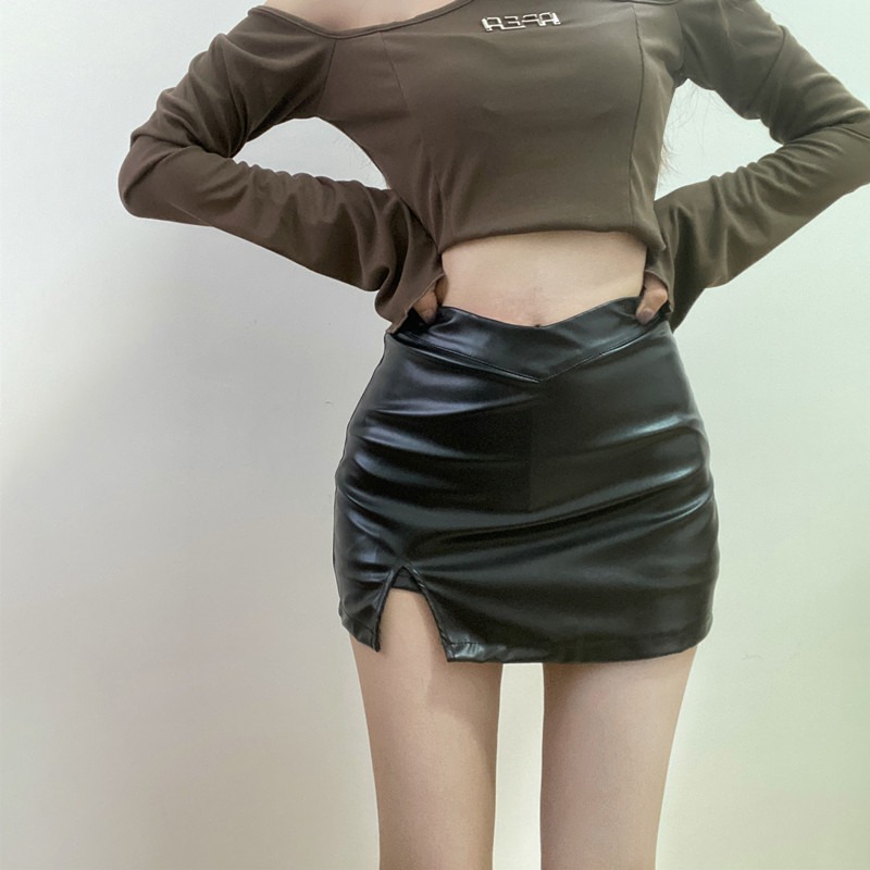 PU皮黑色半身裙女2025年秋季高腰大码辣妹包臀小个子开叉时尚短裙