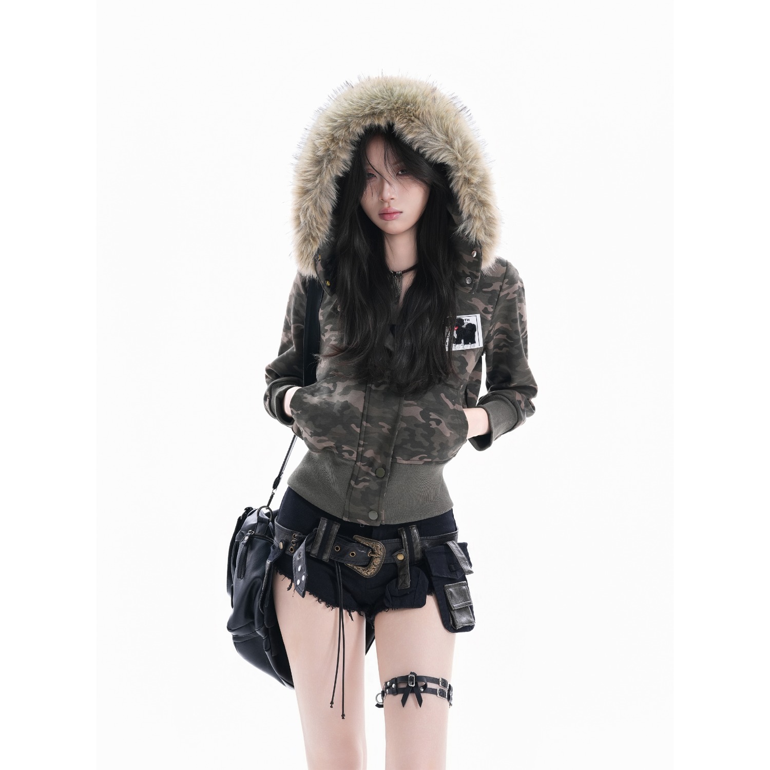 新款单件美式辣妹风可拆卸毛领连帽卫衣女秋复古迷彩短款帽衫潮流