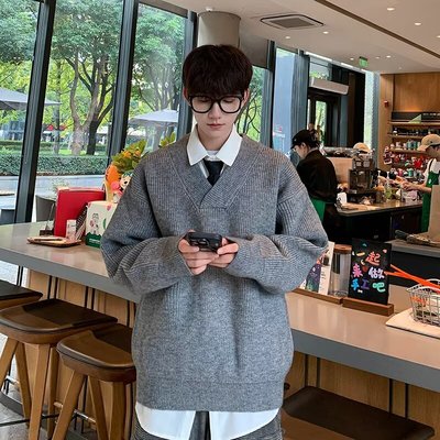 小V领毛衣男士红色打底衫线衣2025新款秋冬季潮牌假两件针织衫帅