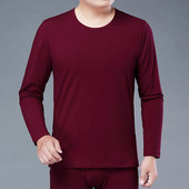 套装 t恤打底毛衫 薄款 长袖 中年男士 酒红色本命年圆领秋衣秋裤