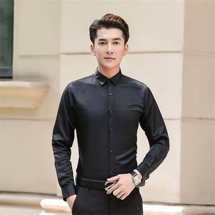 白衬衫男长袖修身商务正装职业工作上班伴郎春秋季西装纽扣衬衣潮