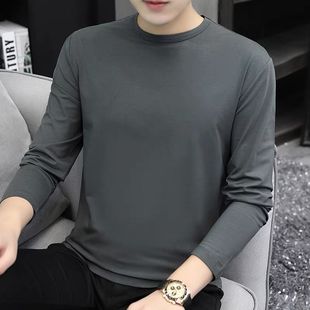体恤上衣服 莫代尔打底衫 男长袖 T恤秋季 纯色内搭圆领白色秋衣薄款