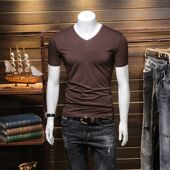 v领修身 短袖 纯色T打底衫 男士 衣服潮流体恤 夏季 半袖 咖啡色t恤男装