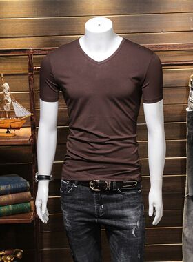 夏季咖啡色t恤男装短袖v领修身纯色T打底衫男士半袖衣服潮流体恤