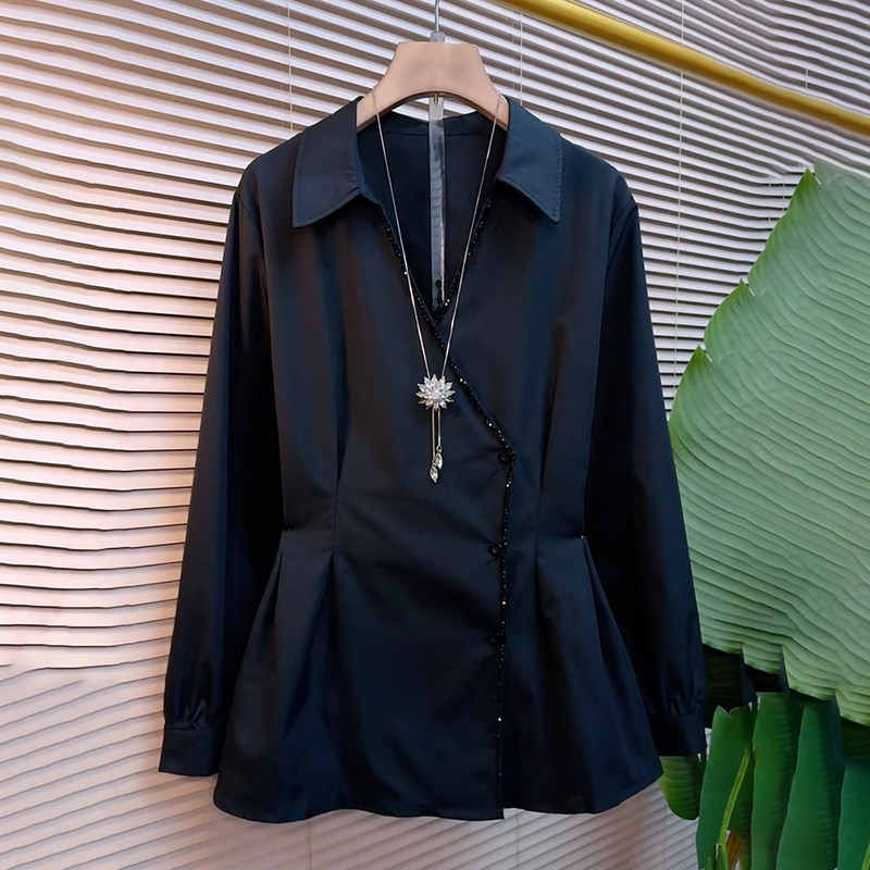 胖mm大码女装春季2026新款欧货时尚翻领钉珠收腰百搭显瘦气质衬衫,女装/女士精品,大码内搭,淘宝优惠券,粉丝福利购,淘宝优惠卷