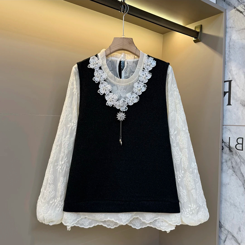 设计感蕾丝花朵马甲打底衫两件套