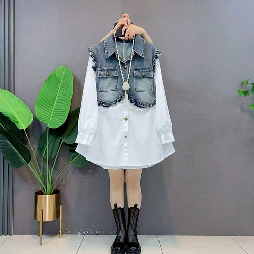 设计感大码女装牛仔木耳边上衣