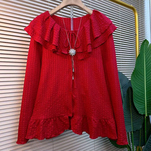 气质显瘦百搭衫 胖妹妹大码 上衣新款 洋气荷叶领系带蝴蝶结长袖 女装