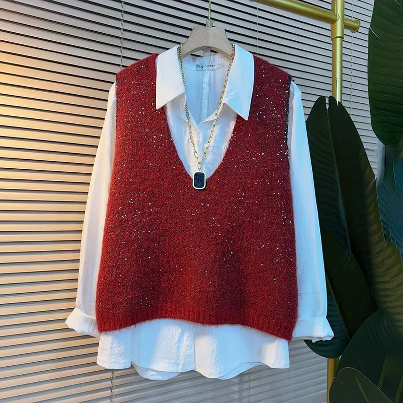 亮片V领针织马甲简约衬衫两件套