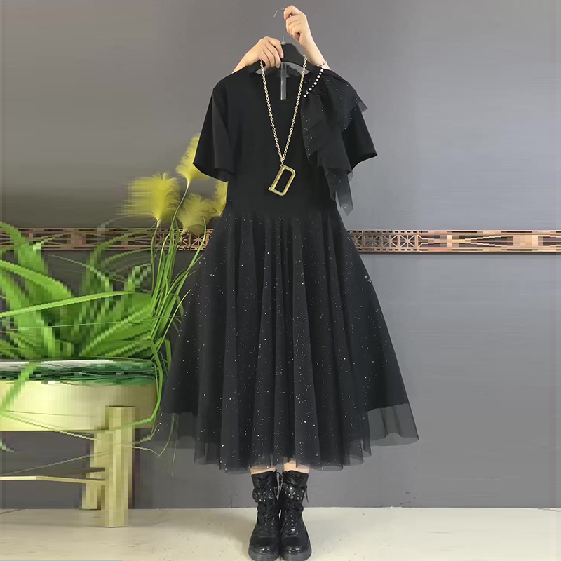 胖妹妹2025夏季新款大码女装时尚显瘦拼纱洋气中长修身钉钻连衣裙