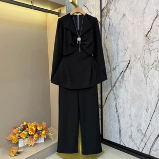 胖MM显瘦设计感衬衫 套装 裤 子大码 西装 女装 领收腰蝴蝶结上衣直筒裤