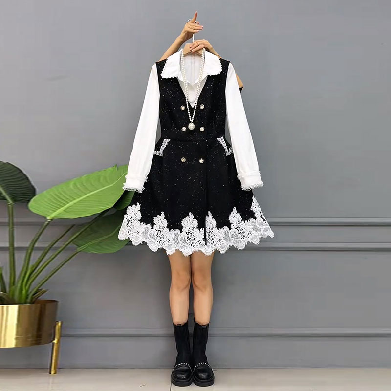 蕾丝花边衬衫马甲裙两件套