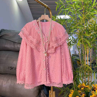 新款 女装 时尚 大码 胖mm重工钉珠减龄上衣潮 花边时髦蕾丝衫 2025秋季
