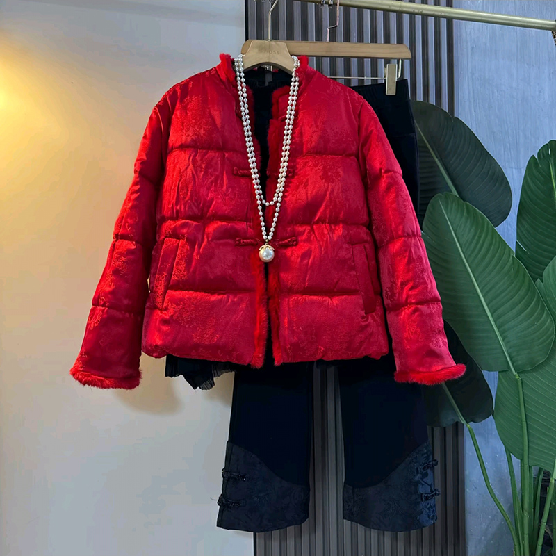 提花毛毛袖盘扣大码女装棉服外套