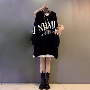 胖妹妹2022春新款大码女装显瘦宽松长款卫衣裙大衫假两件遮肉上衣