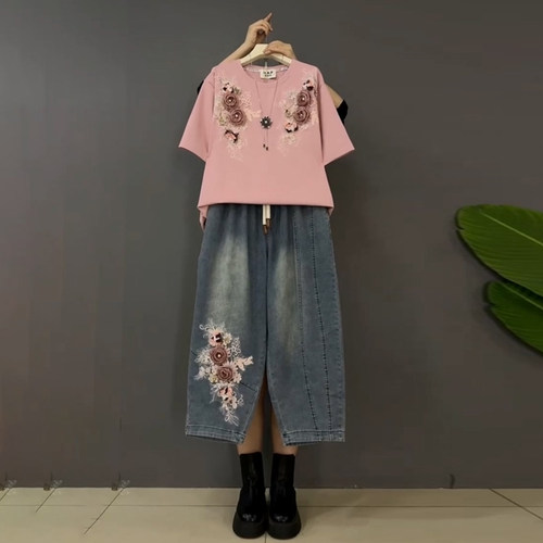 时尚立体花朵设计宽松半袖裤子