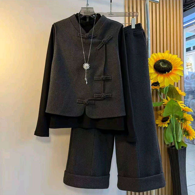 百搭毛呢马夹打底裤子三件套