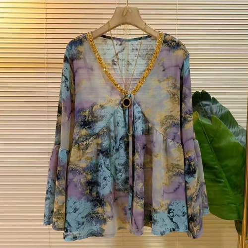 V领春季大码女装印花宽松长袖衫