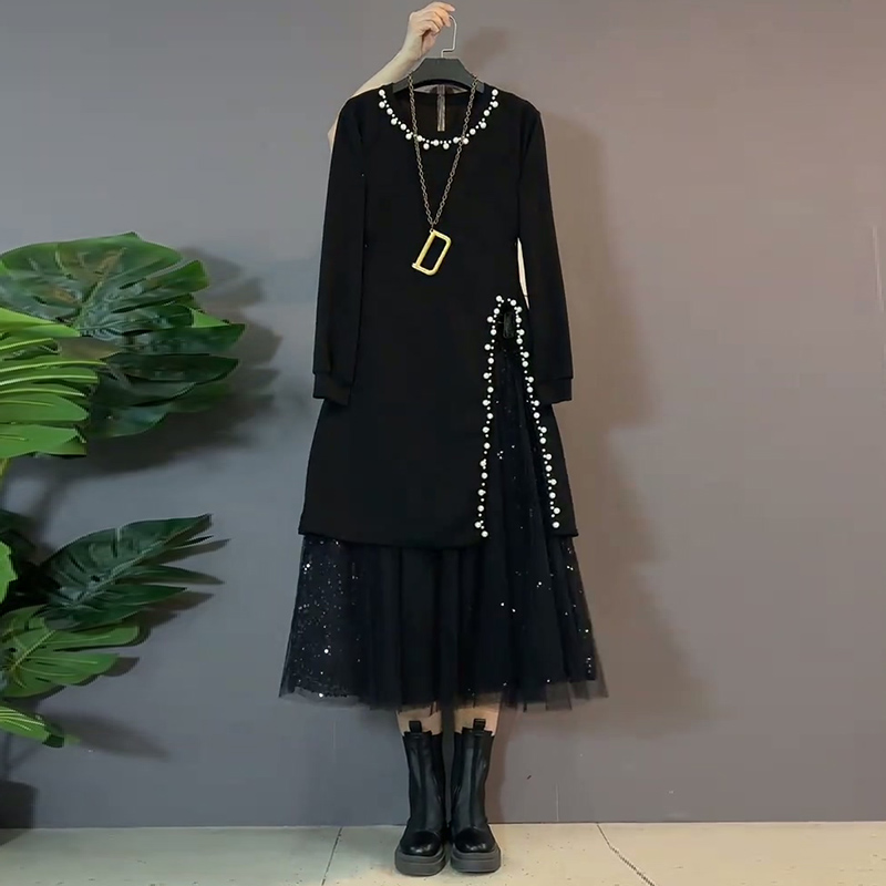 钉珠不规则开衩长衫大码半身裙