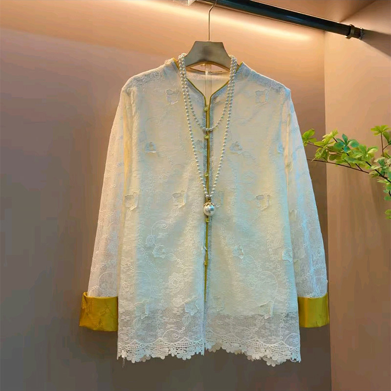 国风蕾丝立体花撞色衬衫