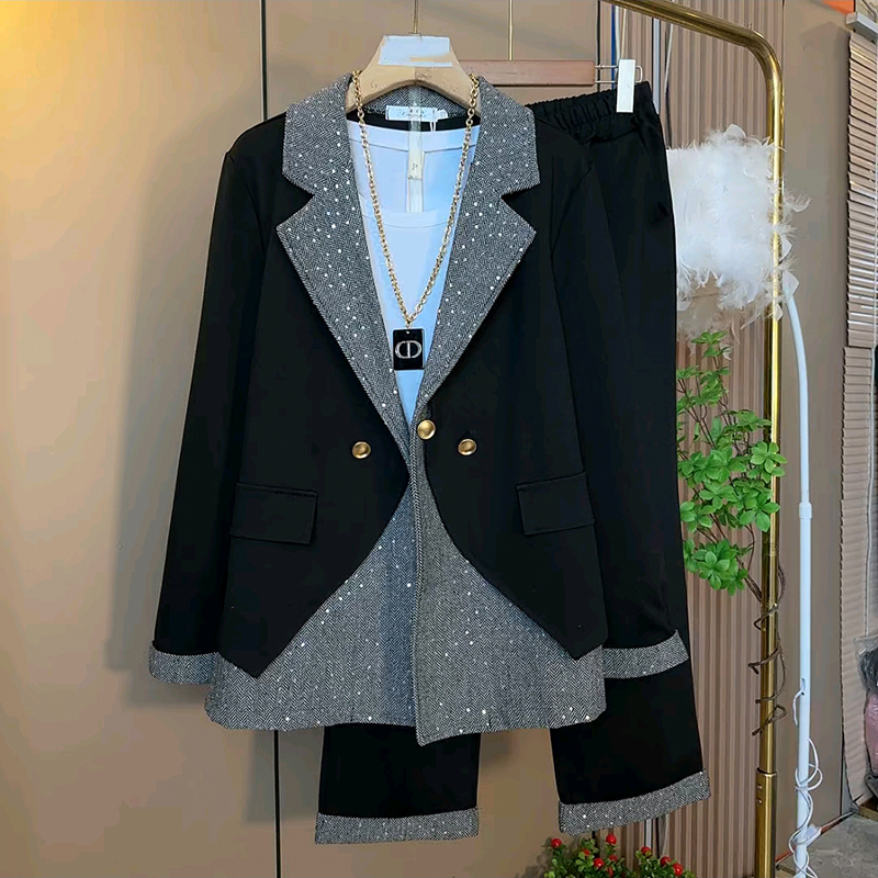 秋季大码女装拼接亮晶晶外套裤子