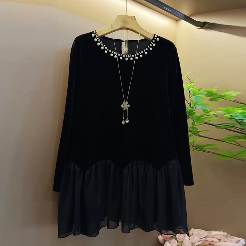 秋季大码女装钉珠拼接圆领衬衫