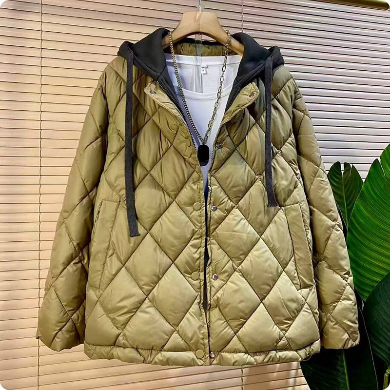 欧货时尚菱格拼色连帽棉服外套潮