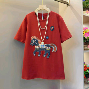 冬季 女装 新款 个性 上衣 韩版 爆款 休闲本命年针织小马T恤胖妹妹大码