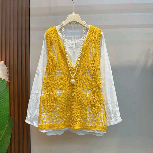 镂空勾花针织马甲长袖打底衬衫爆