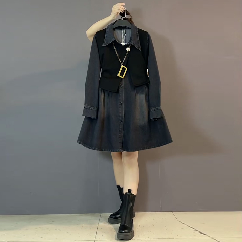 新款大码女装纽扣牛仔裙马甲套装