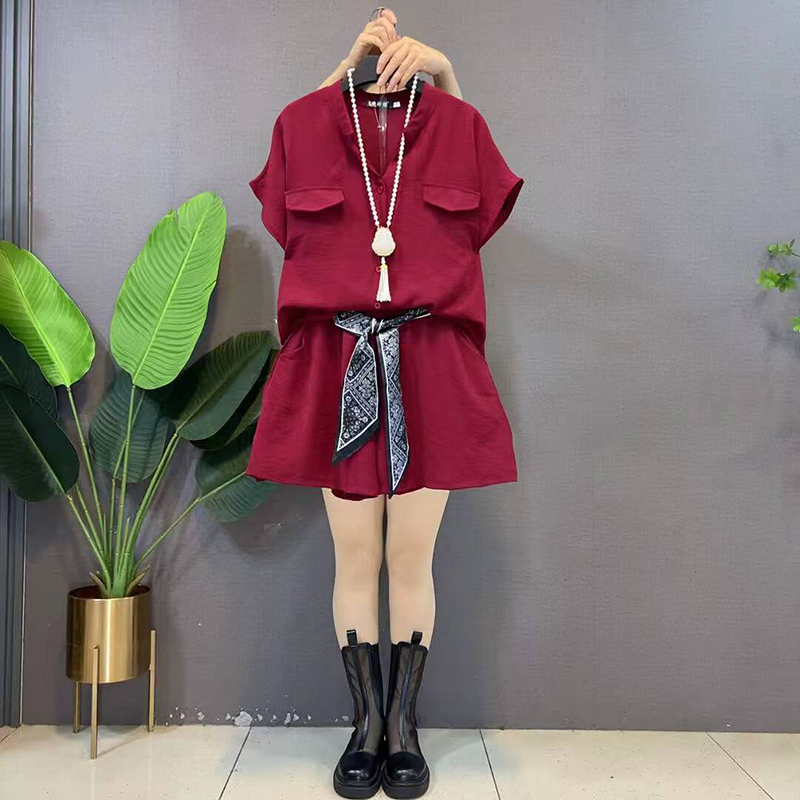 休闲短袖衬衫松紧腰短裤两件套爆