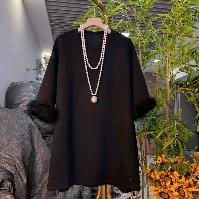 时尚毛毛袖亮晶晶中长T恤上衣新