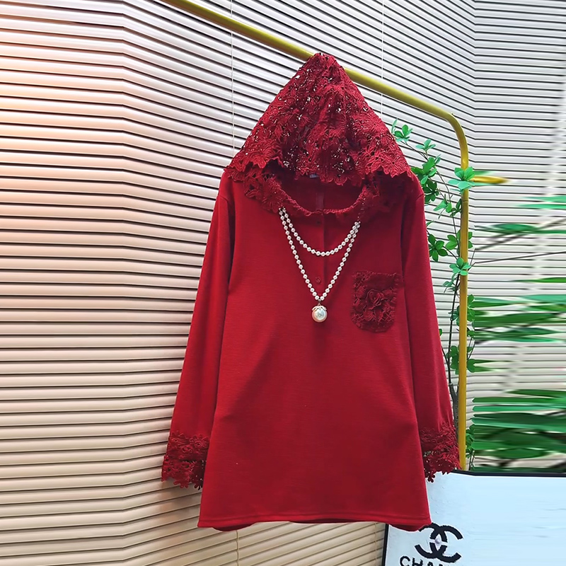 欧货时尚减龄蕾丝镂空连帽小衫新