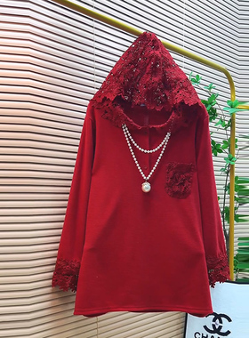 2025新款欧货时尚减龄蕾丝镂空连帽小衫大码女装胖mm宽松显瘦上衣