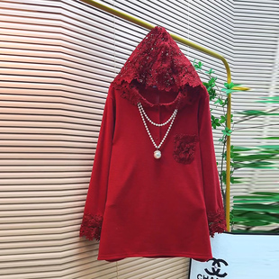 女装 2025新款 大码 减龄蕾丝镂空连帽小衫 胖mm宽松显瘦上衣 欧货时尚