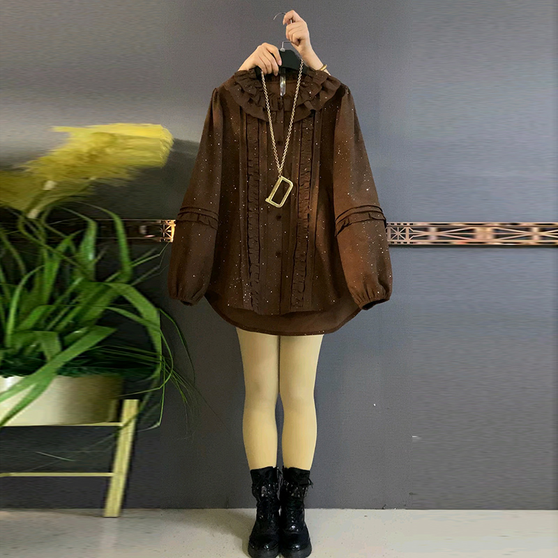 时尚撒银洋气衬衫木耳边女人衫新