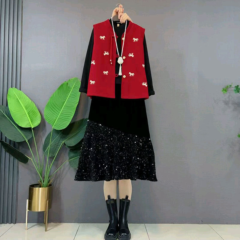马年新款刺绣马甲打底衫亮片丝绒鱼尾裙春季国风三件套大码女装潮,女装/女士精品,大码套装,淘宝优惠券,粉丝福利购,淘宝优惠卷