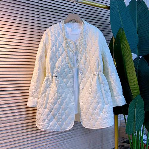 圆领收腰中长款夹棉外套