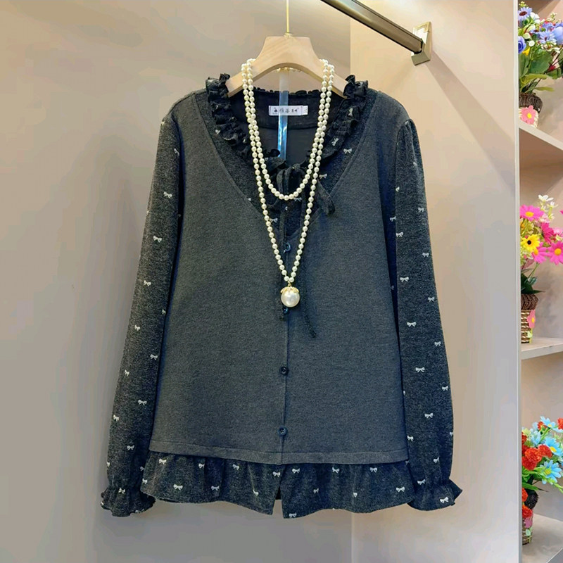 胖mm大码女装春季2026新款时尚拼接假两件蝴蝶结休闲长袖百搭小衫,女装/女士精品,大码内搭,淘宝优惠券,粉丝福利购,淘宝优惠卷